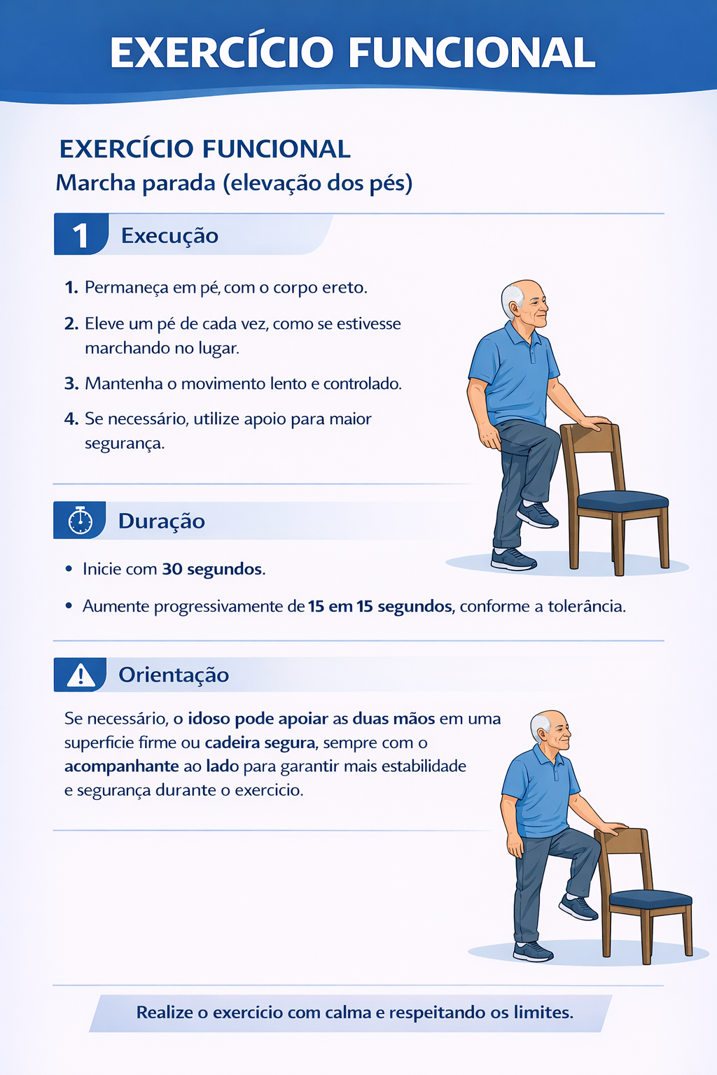 Página do guia: exercício funcional de marcha parada com elevação dos pés